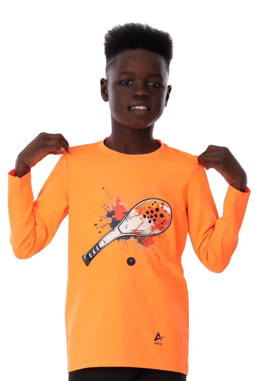 Boys Neon Orange Padel Racket Smash T-Shirt – Sporty Long Sleeve Top