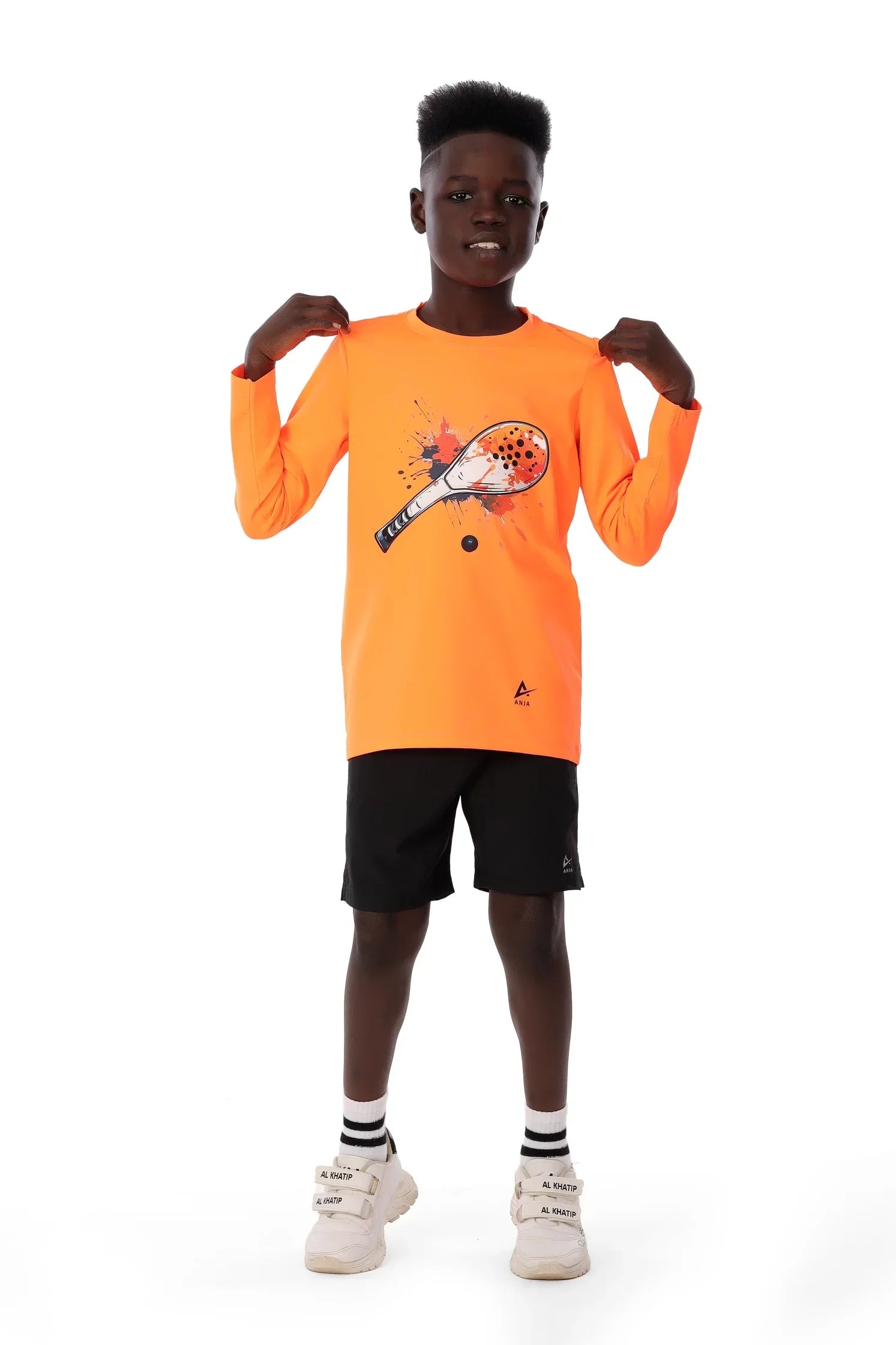 Boys Neon Orange Padel Racket Smash T-Shirt – Sporty Long Sleeve Top
