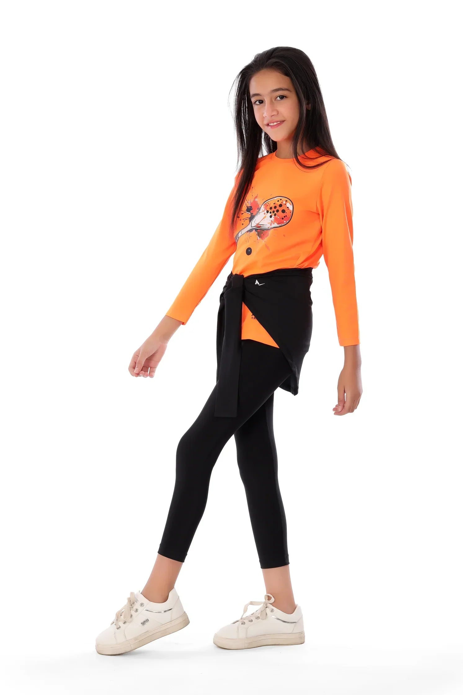 Girls  Neon Orange Padel Racket Smash T-Shirt – Sporty Long Sleeve Top