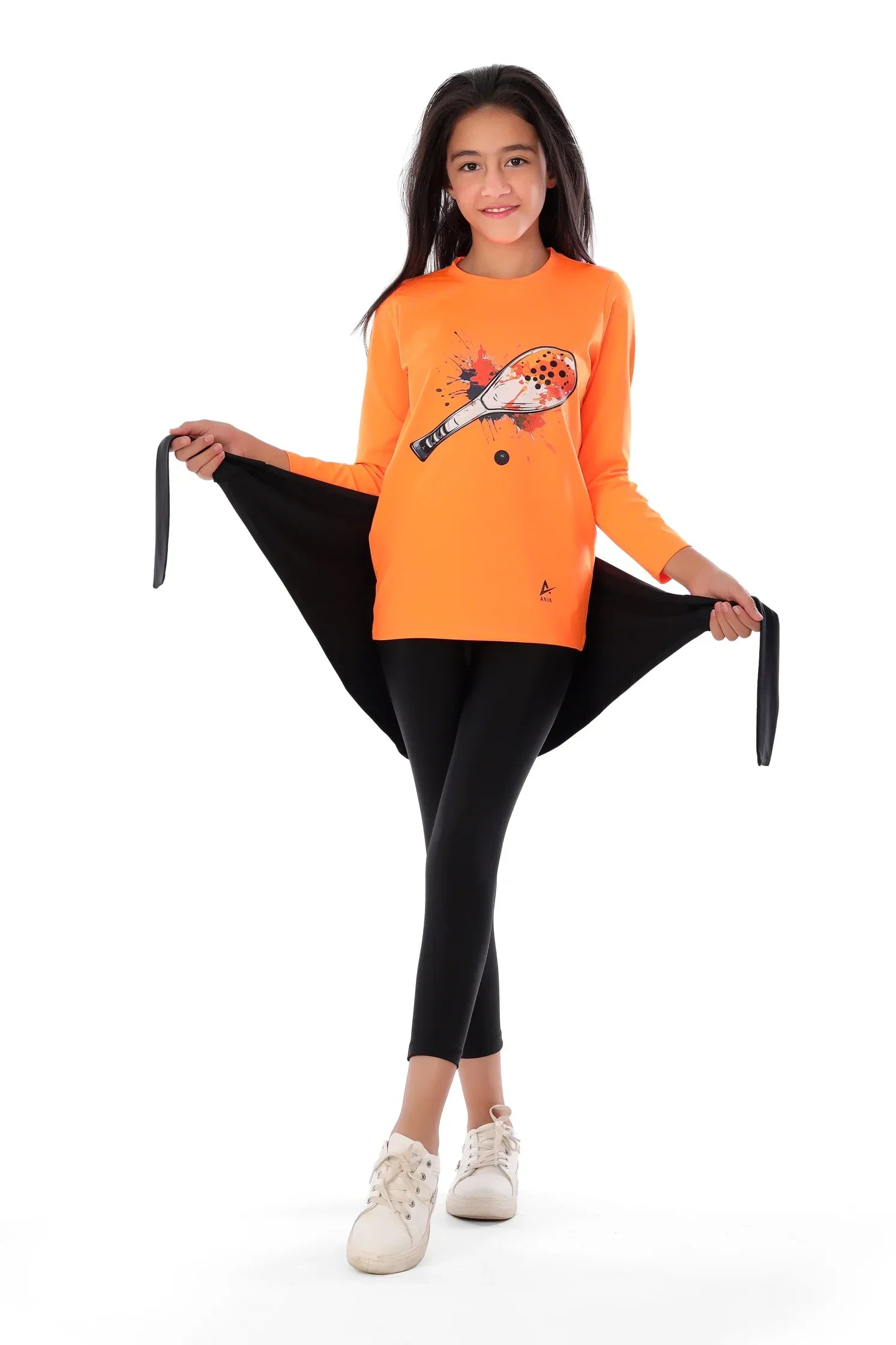 Girls  Neon Orange Padel Racket Smash T-Shirt – Sporty Long Sleeve Top