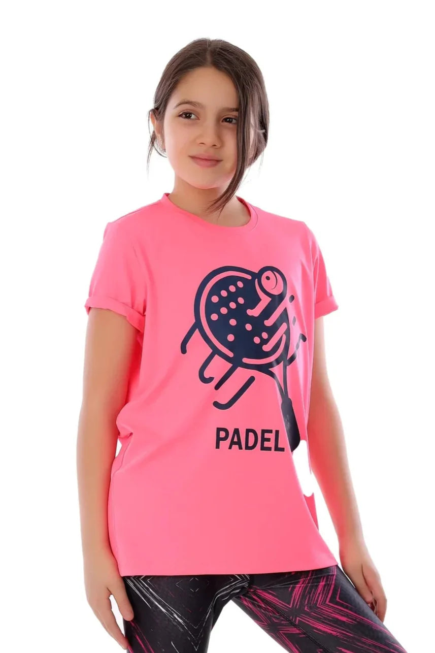 Girls Neon Pink Padel Champion T-Shirt – Sporty Graphic Top