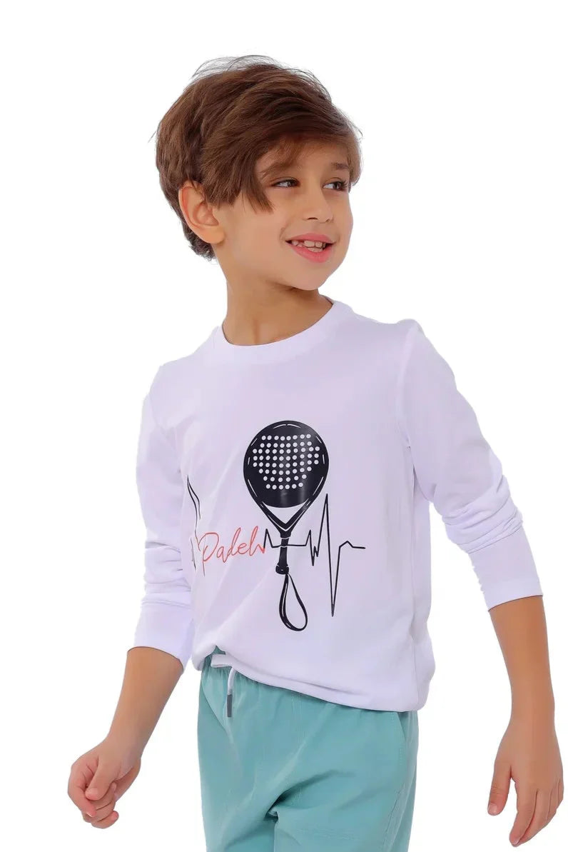 Boys White Padel Heartbeat Long Sleeve T-Shirt – Sporty Graphic Top