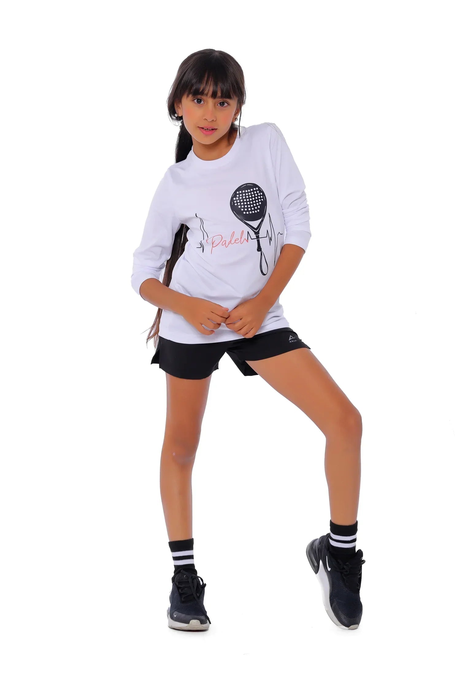 Girls White Padel Heartbeat Long Sleeve T-Shirt – Sporty Graphic Top