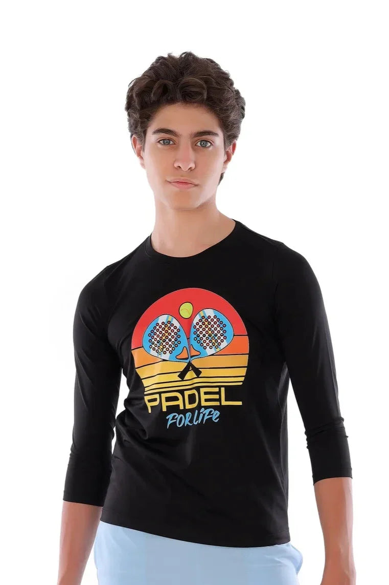 Boys Black Retro Padel Racket T-Shirt – Sporty long Sleeve Top