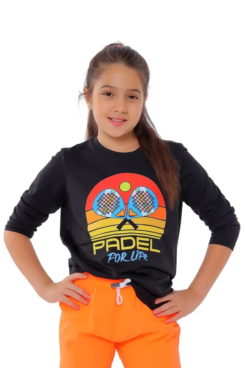 Girls Black Retro Padel Racket T-Shirt – Sporty long Sleeve Top