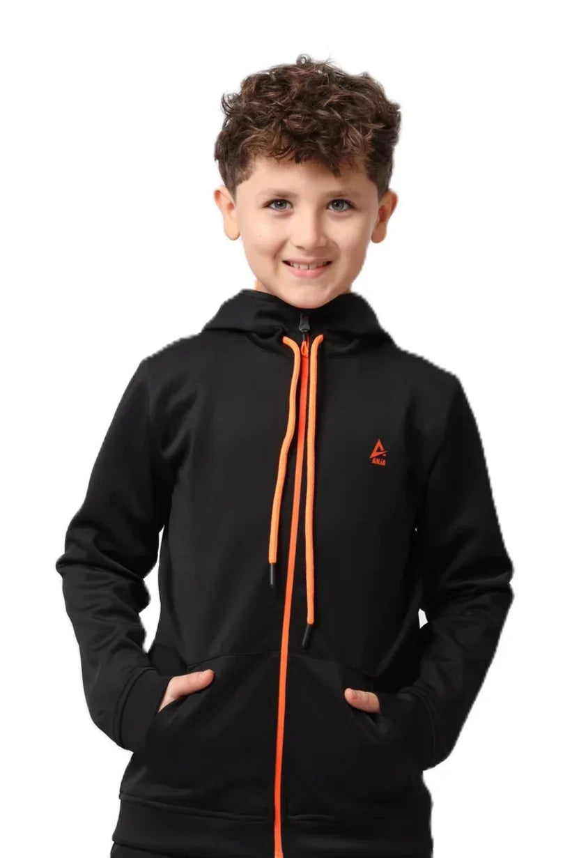 Boys Black Zip-Up Sweatshirt – Sporty Contrast Trim Jacket