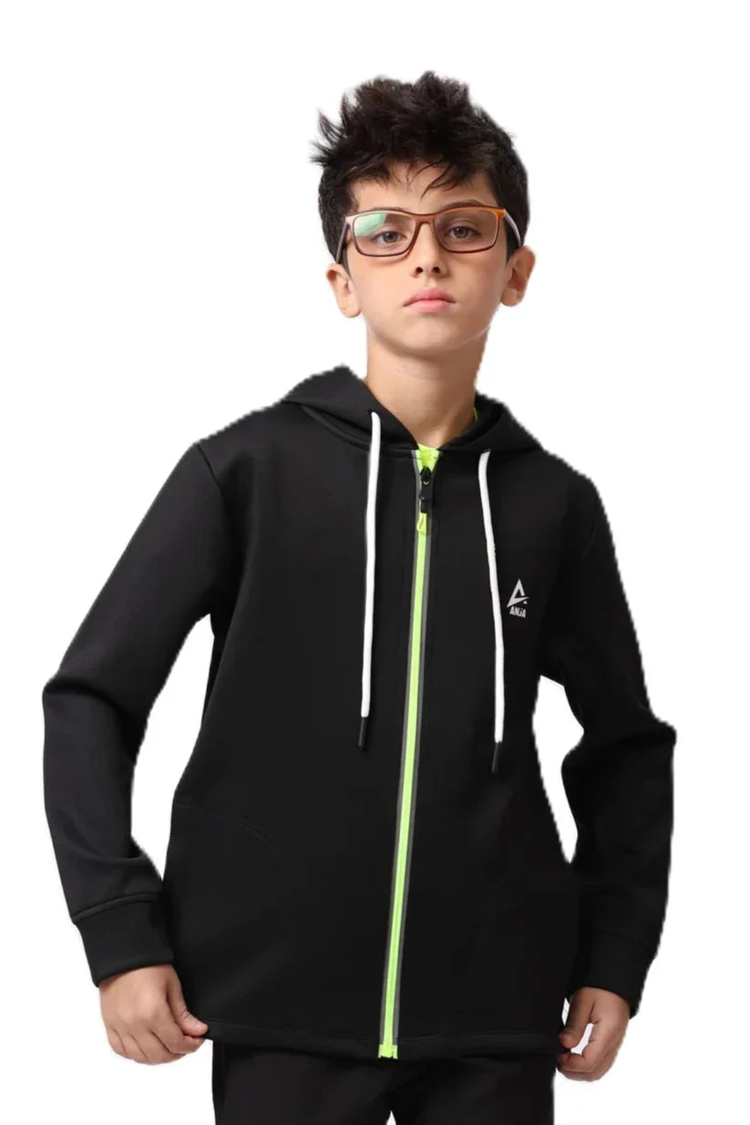 Boys Black Zip-Up Sweatshirt – Sporty Contrast Trim Jacket