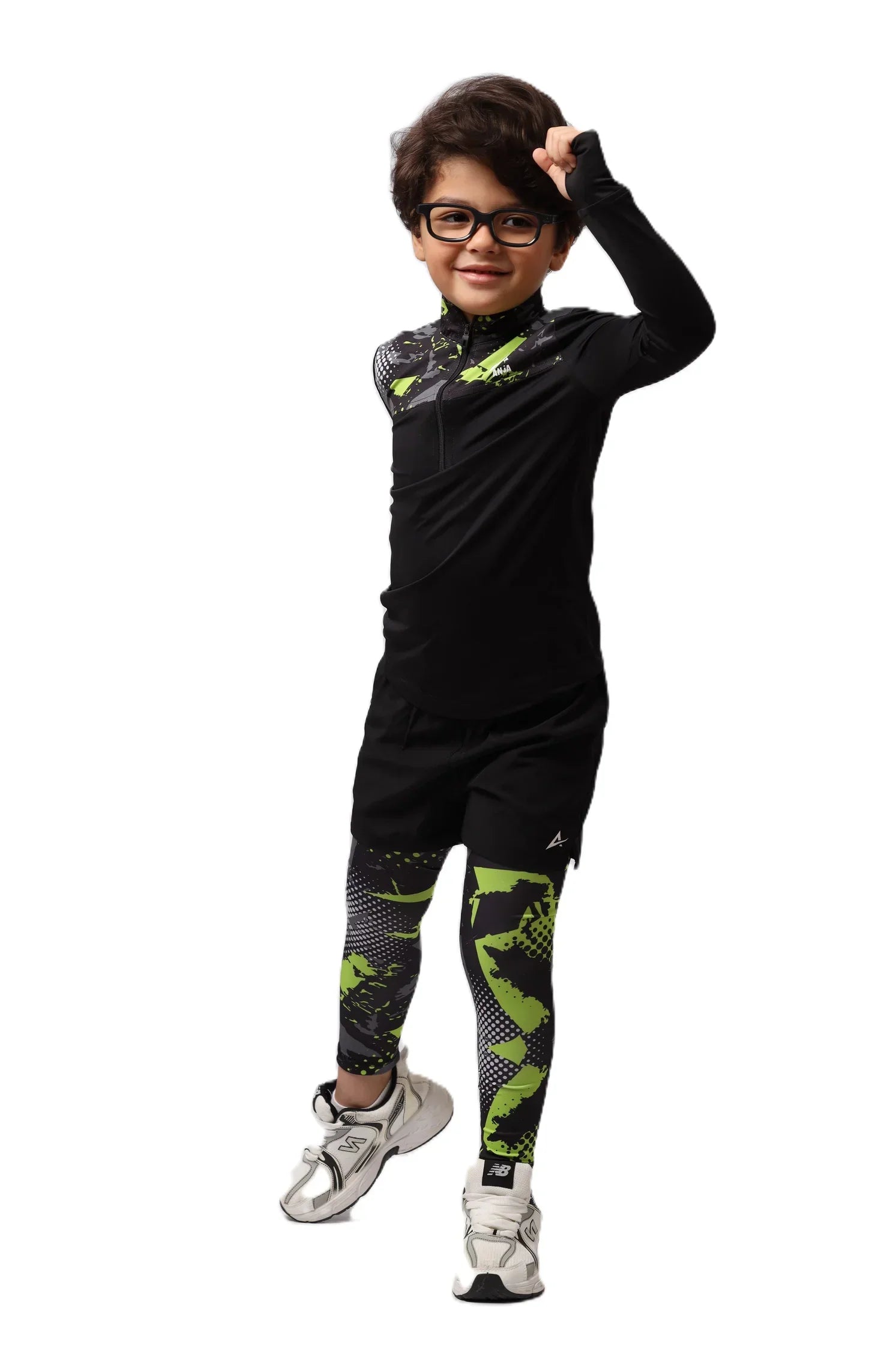 Boys Black & Green pattern T-Shirt – Sporty Long Sleeve Top