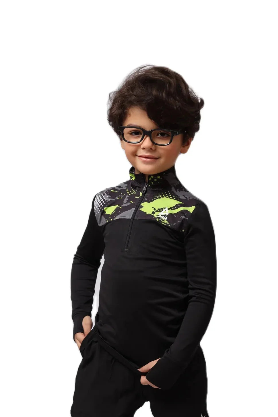 Boys Black & Green pattern T-Shirt – Sporty Long Sleeve Top