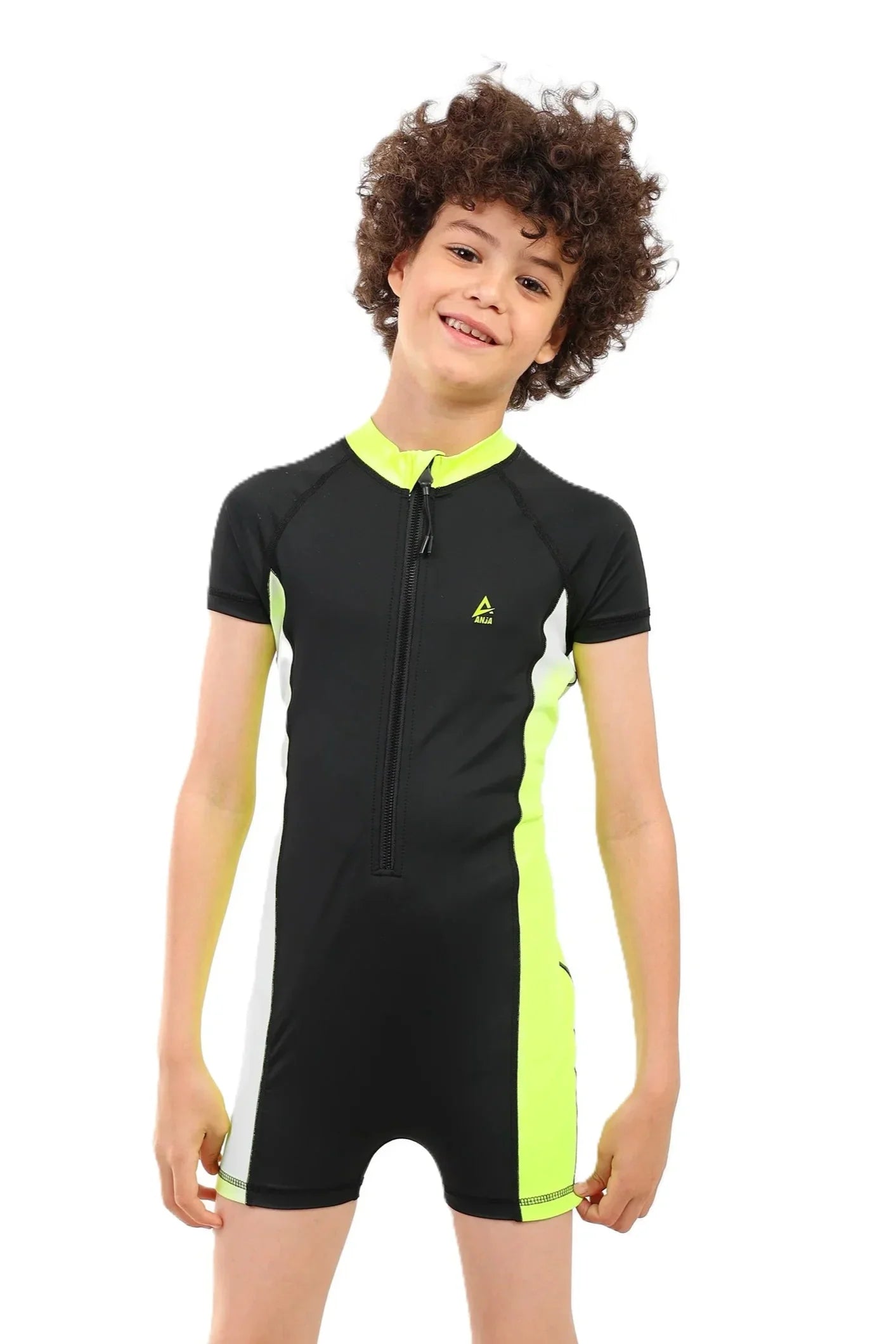 Boys Short Sleeve One-Piece Swimsuit – Black with Neon Yellow Side Panels and Front Zip