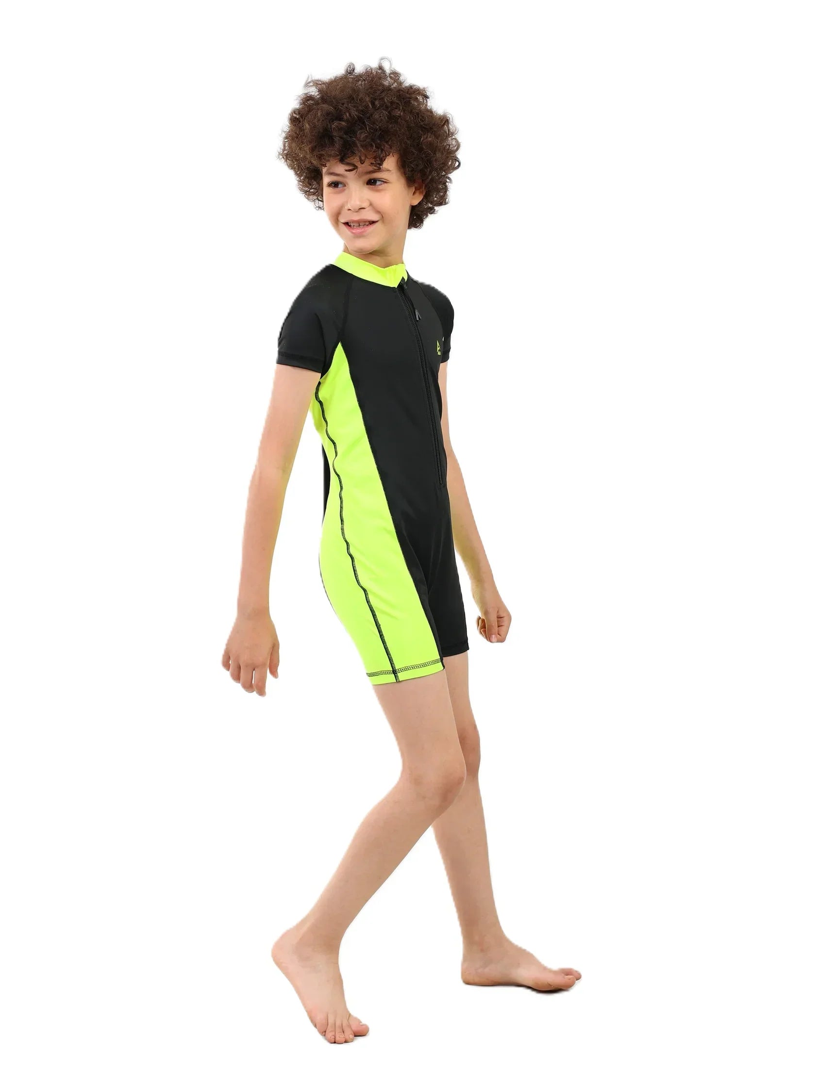 Boys Short Sleeve One-Piece Swimsuit – Black with Neon Yellow Side Panels and Front Zip