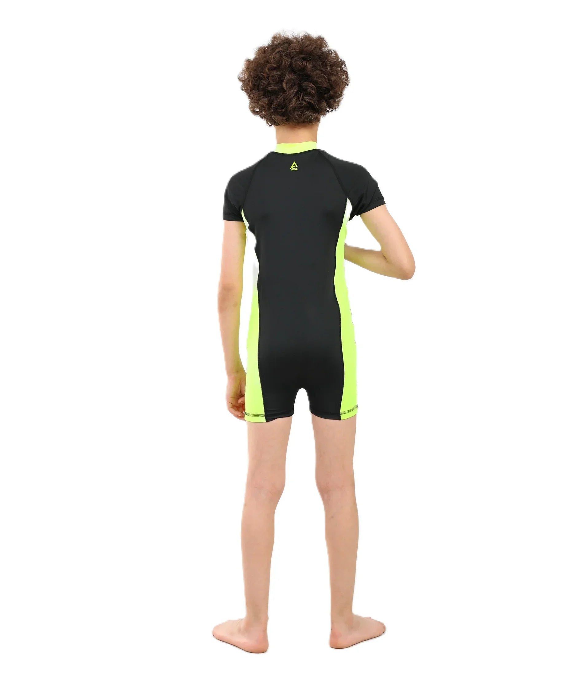 Boys Short Sleeve One-Piece Swimsuit – Black with Neon Yellow Side Panels and Front Zip