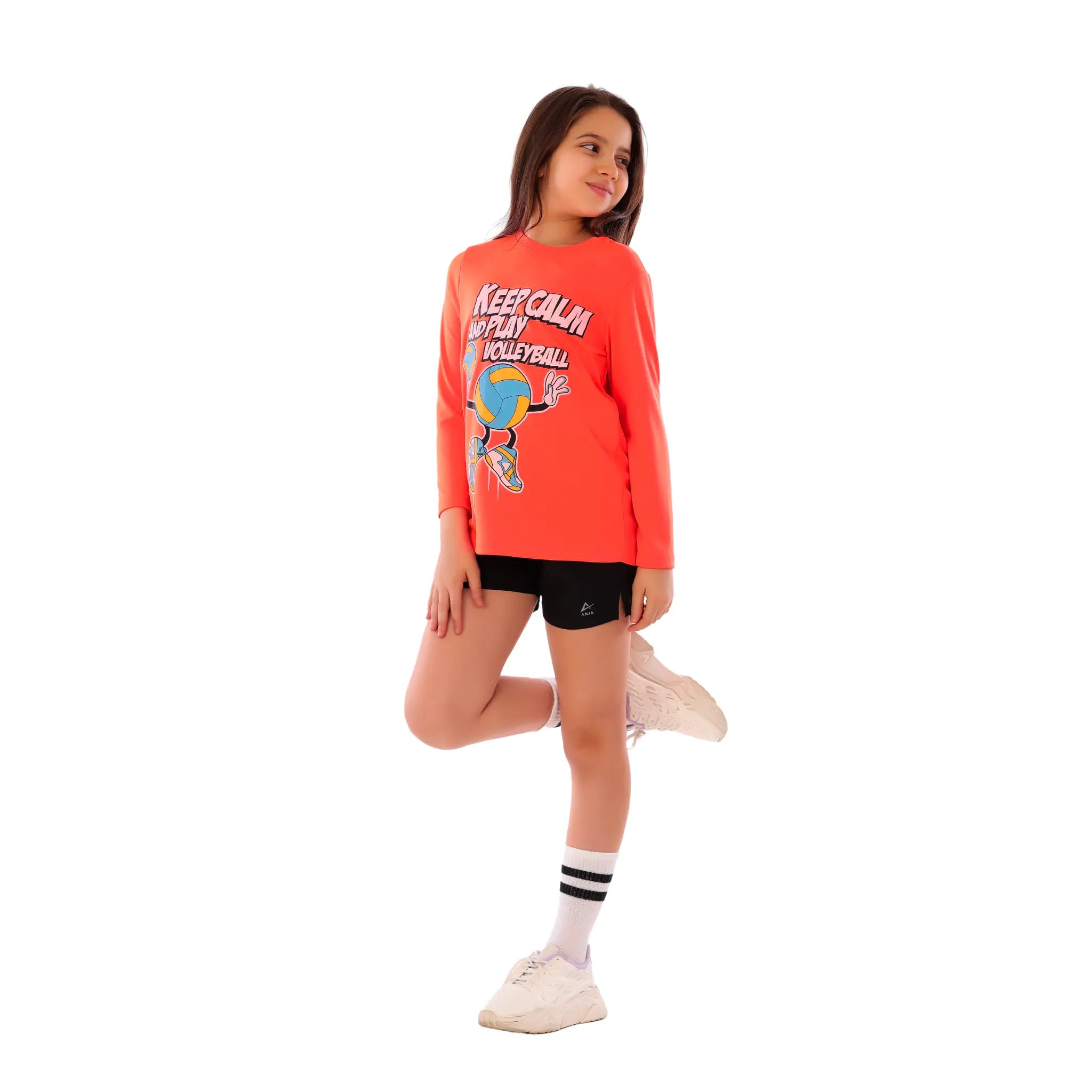 Girls Neon Orange Volleyball T-Shirt –  Sporty Graphic Top