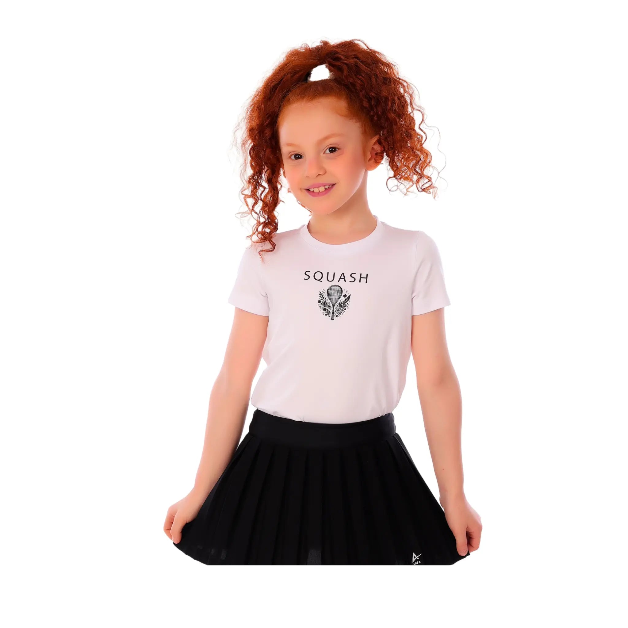 Girls White Squash Racket Graphic T-Shirt – Sporty Athletic Top