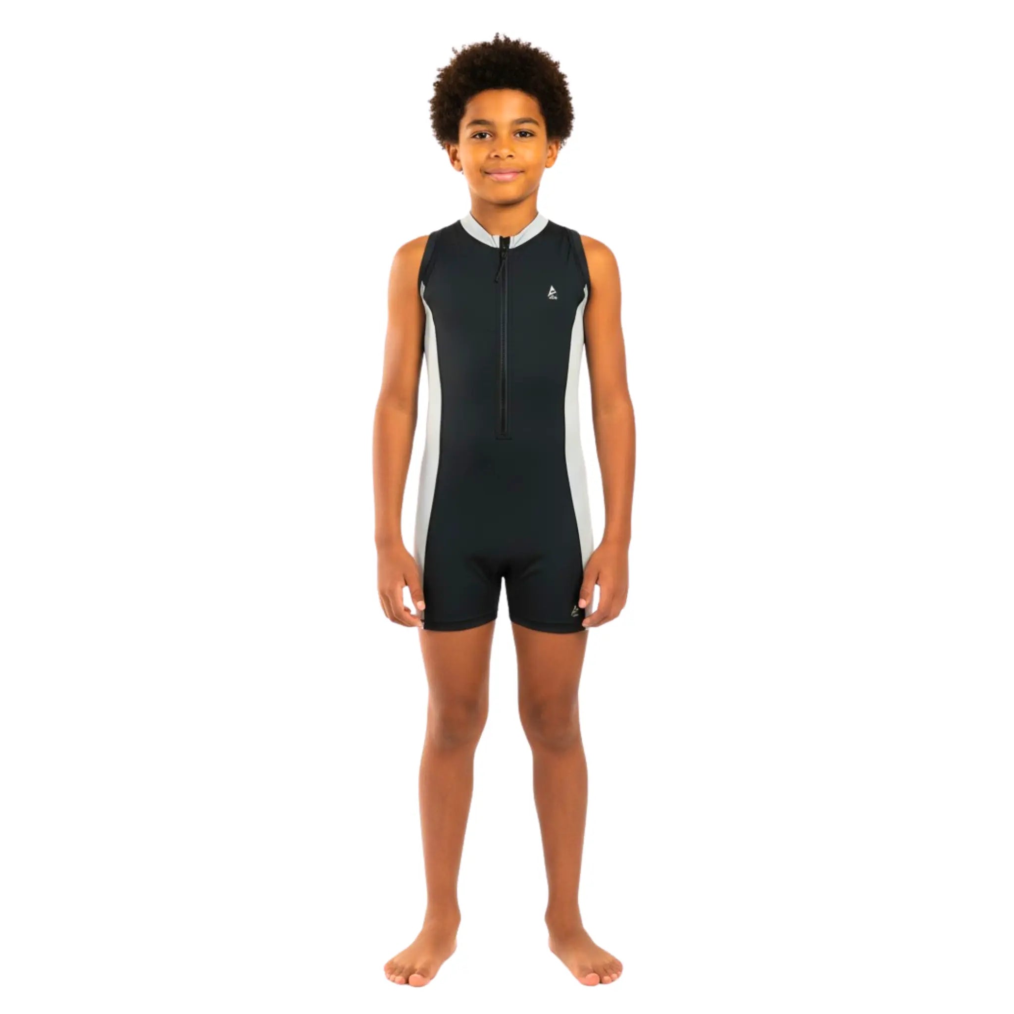 Boys sleeveless One-Piece Swimsuit – Black with light grey Side Panels and Front Zip