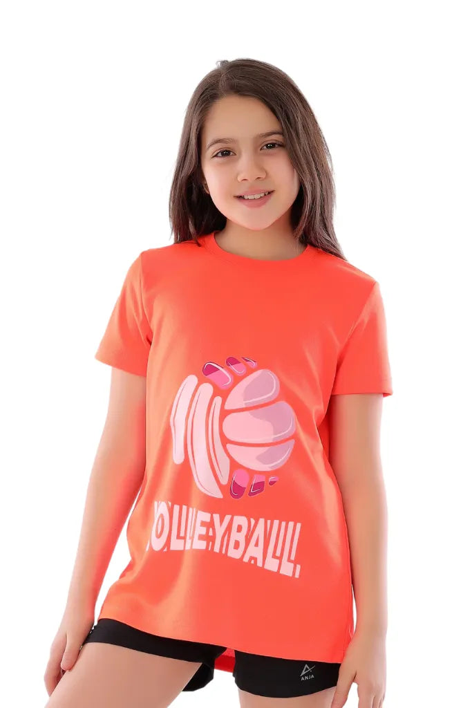 Girls' Orange Volleyball T-shirt – Breathable, Comfortable Design
