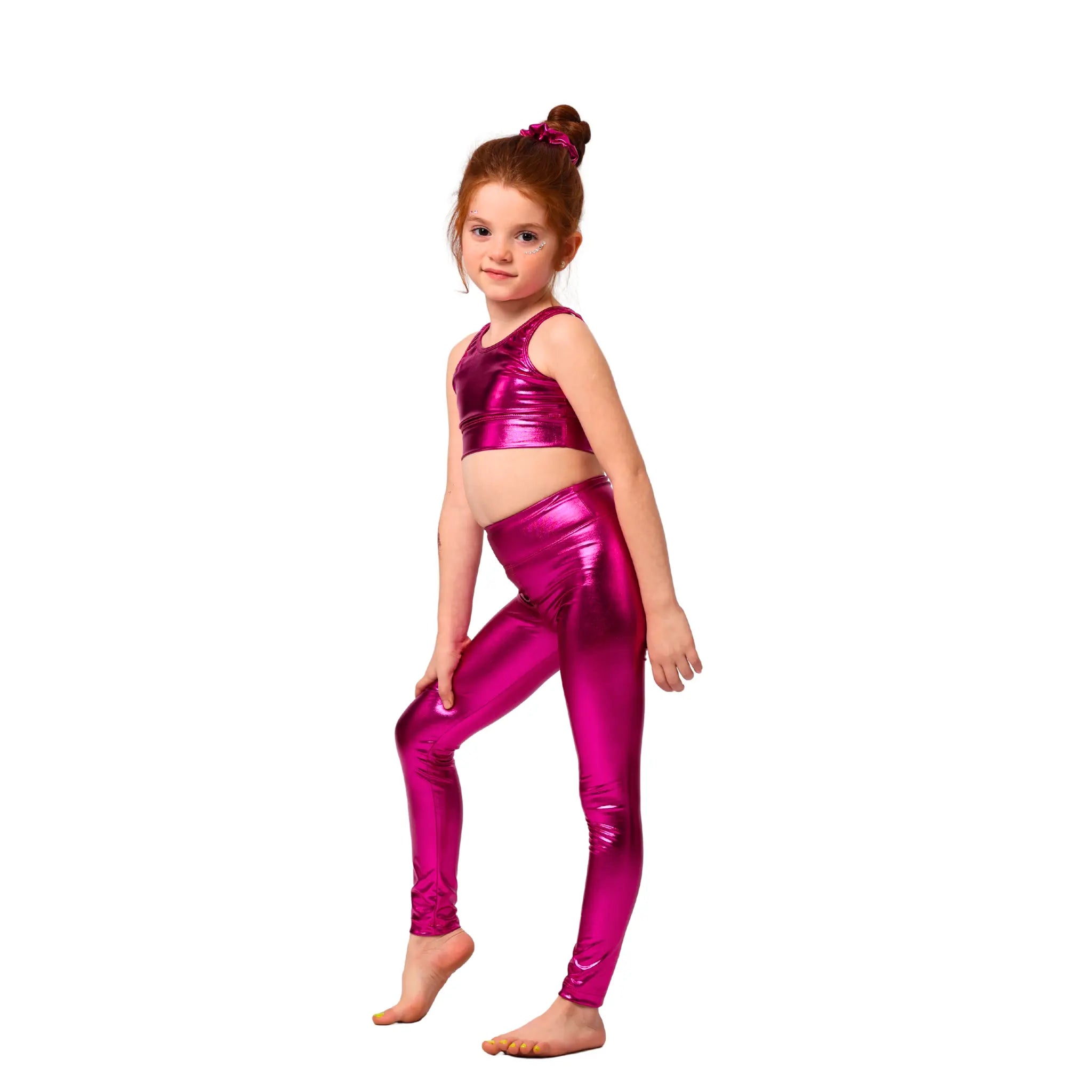 Girls Metallic gymnastics Set – Girls’ Sporty Crop Top with Shorts and Leggings