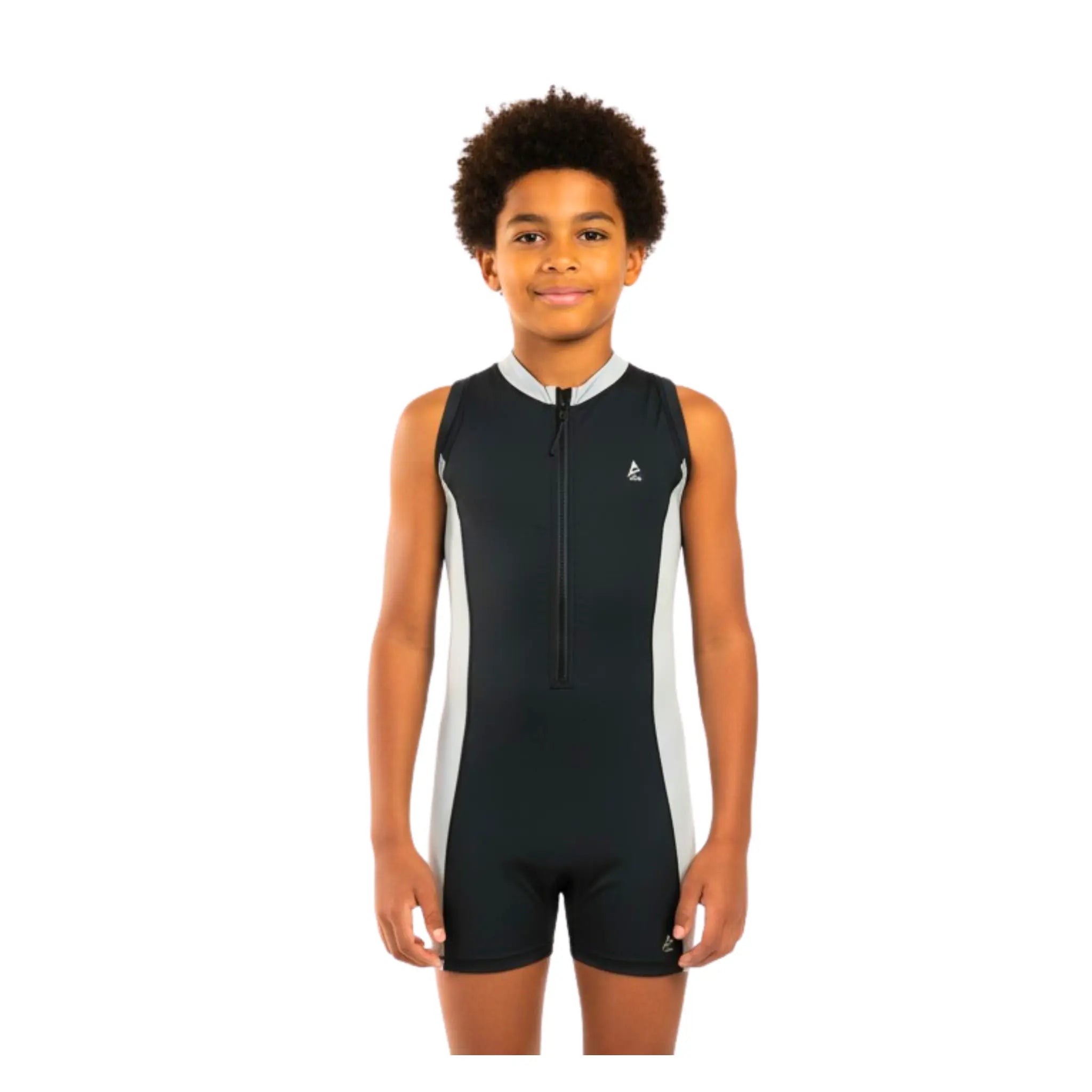 Boys sleeveless One-Piece Swimsuit – Black with light grey Side Panels and Front Zip