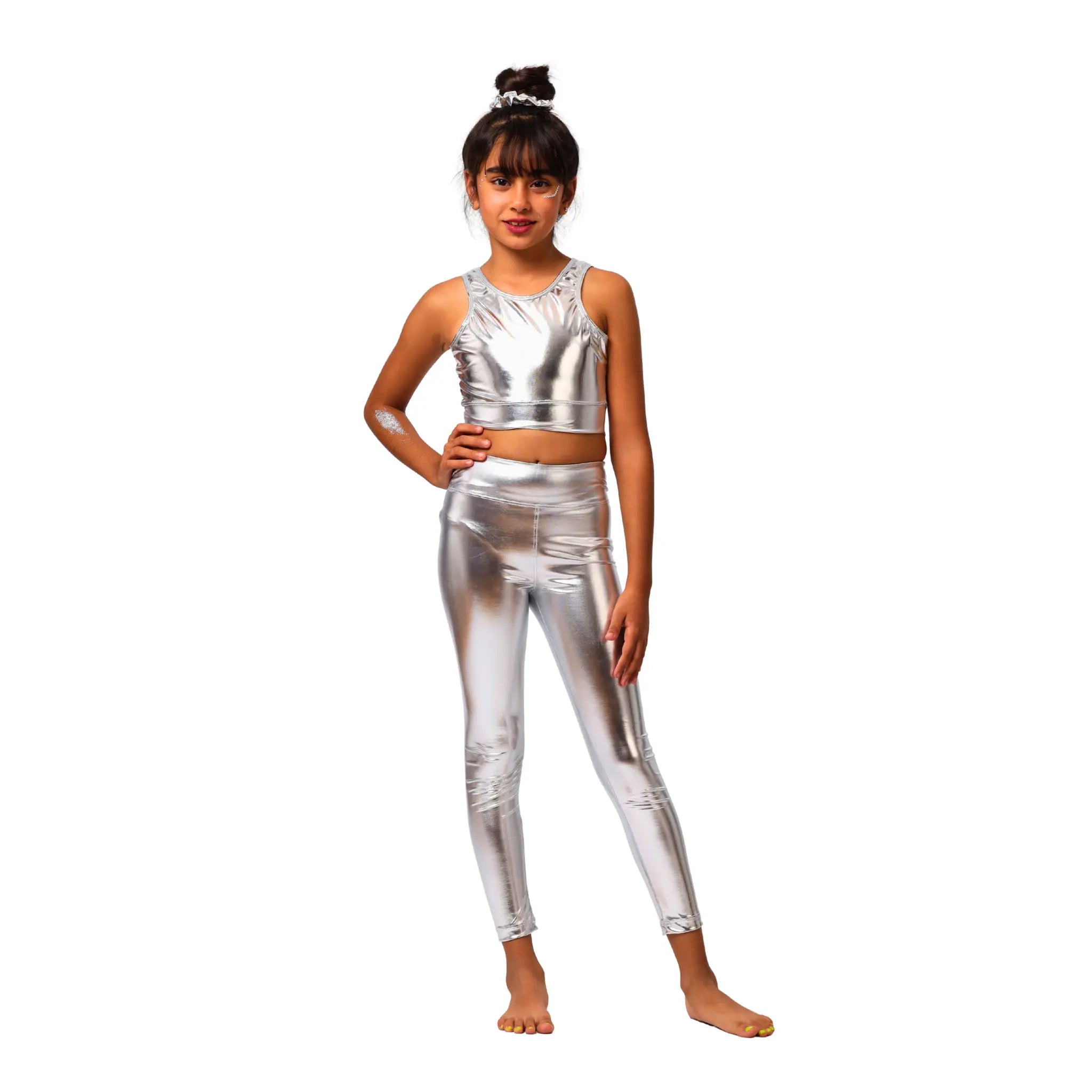 Girls Metallic gymnastics Set – Girls’ Sporty Crop Top with Shorts and Leggings