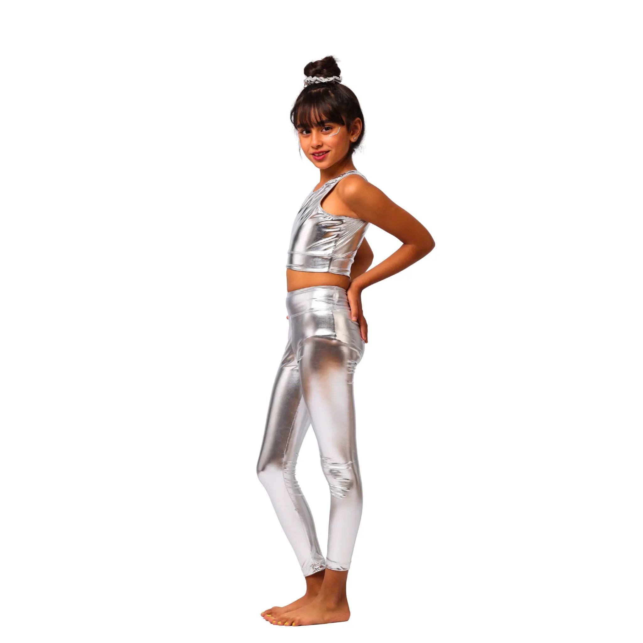 Girls Metallic gymnastics Set – Girls’ Sporty Crop Top with Shorts and Leggings