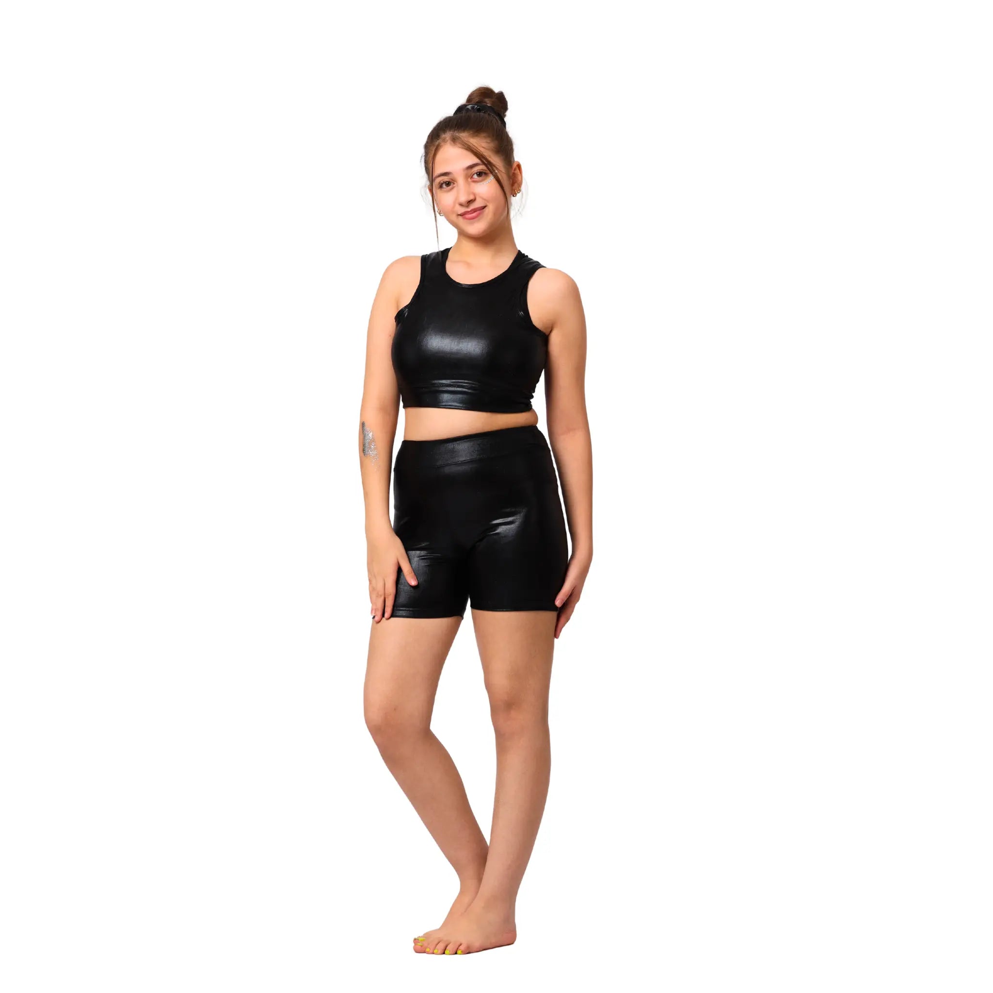 Girls Metallic gymnastics Set – Girls’ Sporty Crop Top with Shorts and Leggings