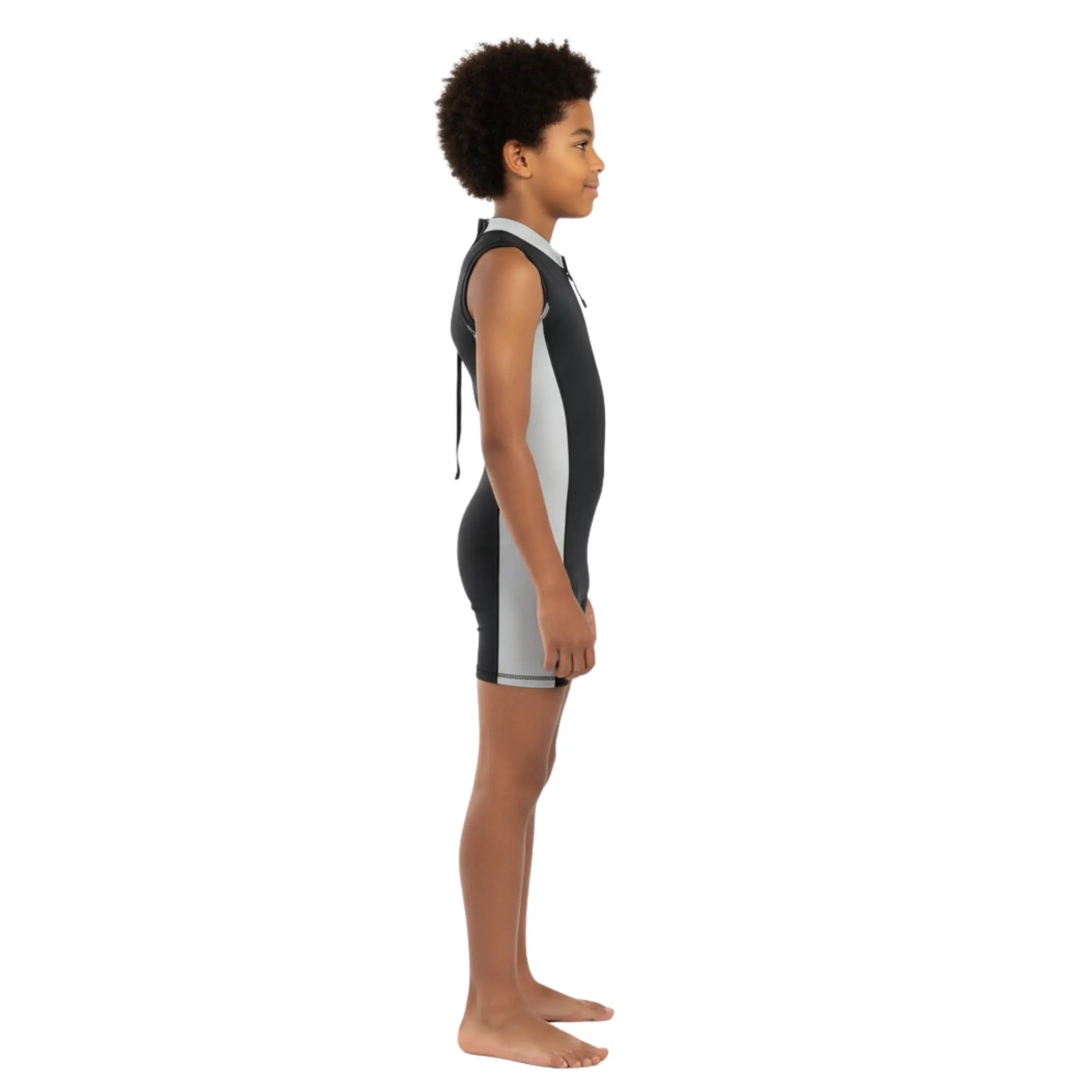 Boys sleeveless One-Piece Swimsuit – Black with light grey Side Panels and Front Zip