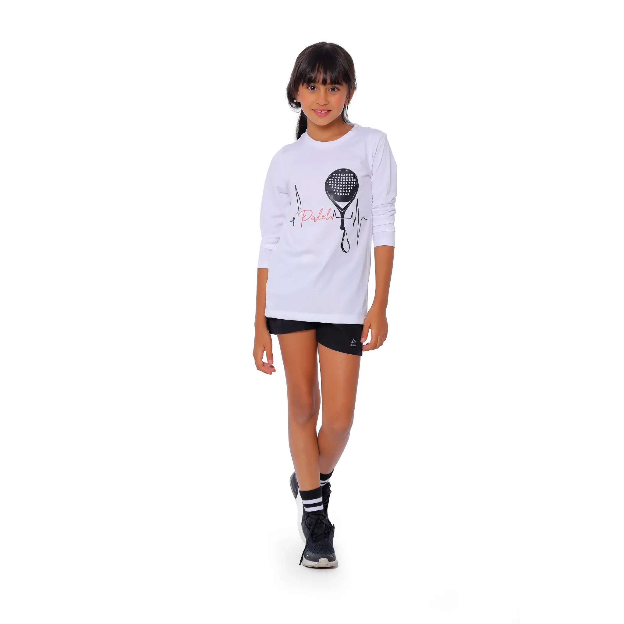 Girls White Padel Heartbeat Long Sleeve T-Shirt – Sporty Graphic Top