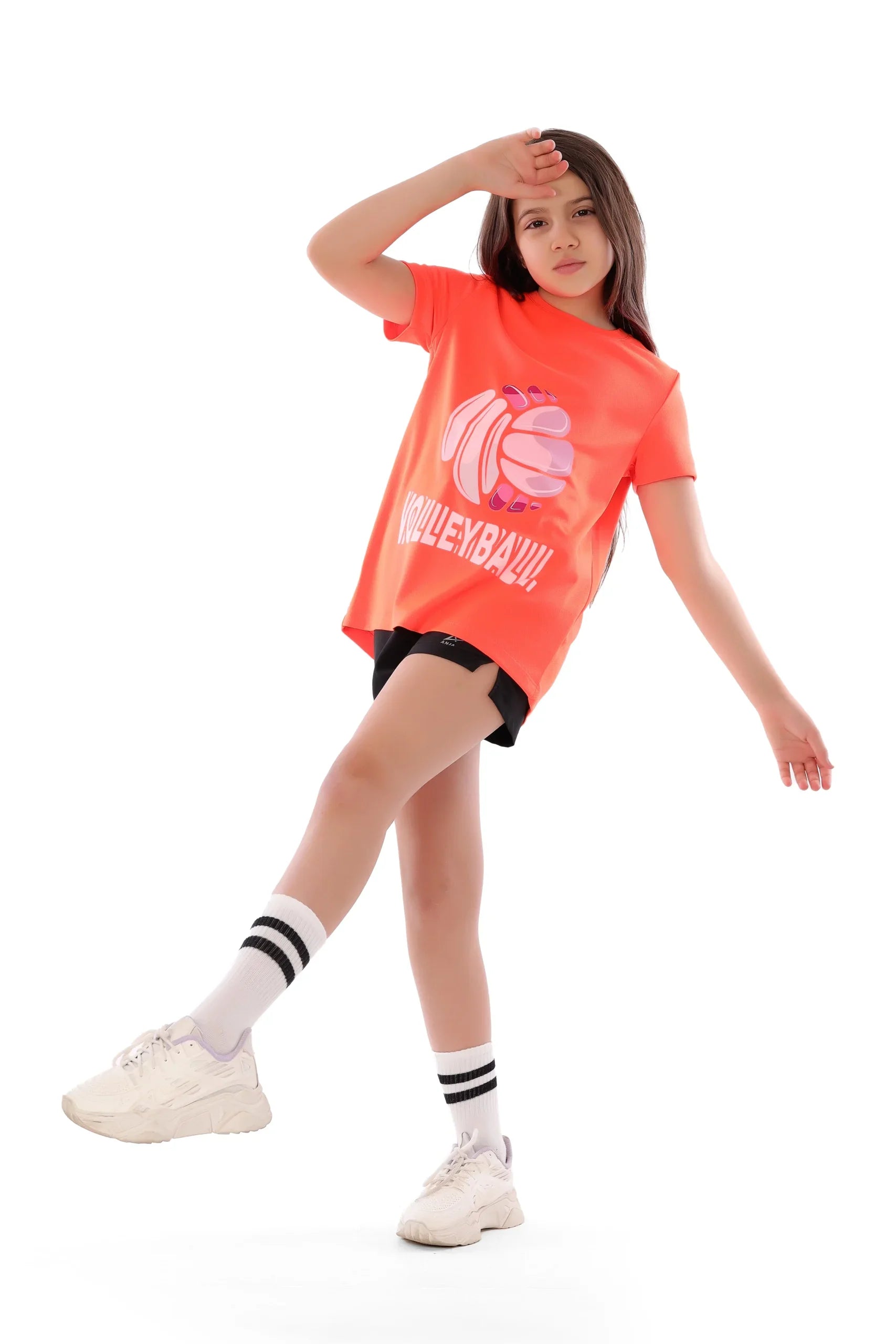 Girls' Orange Volleyball T-shirt – Breathable, Comfortable Design