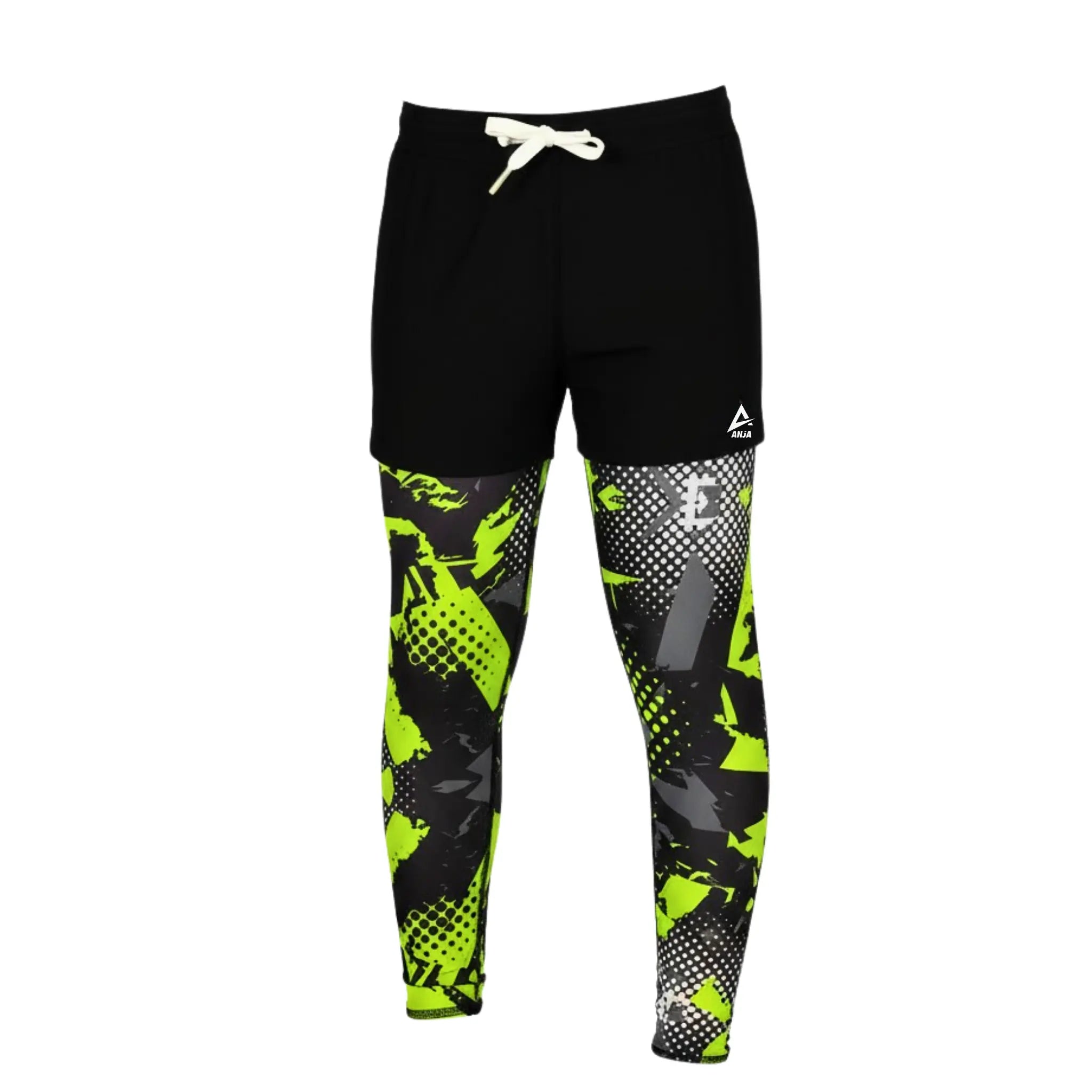 Boys Sporty Black Shorts with Neon Green pattern Graphic Leggings – Kids Athletic Layered Bottoms