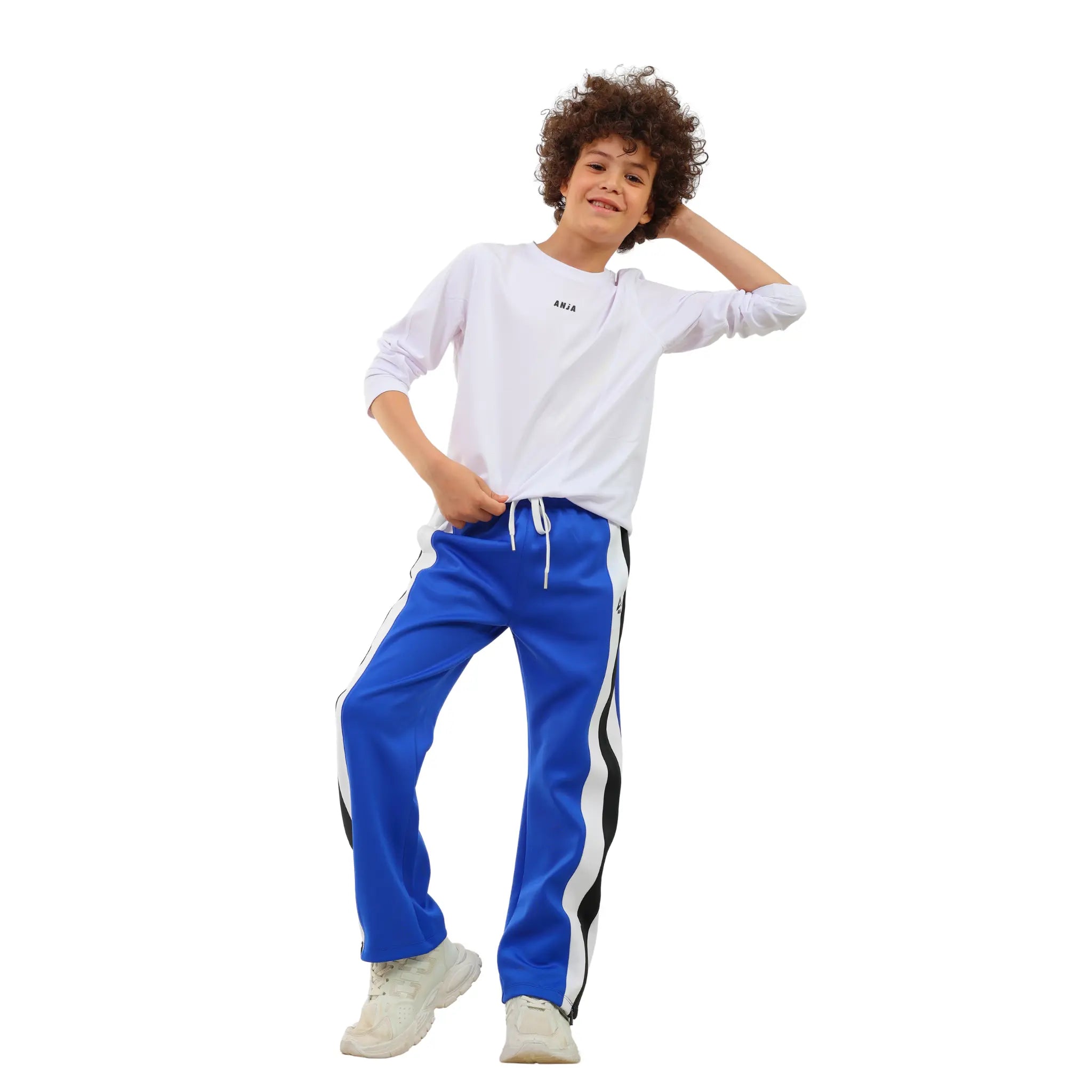 Boys  Blue Track Pants – Side Stripe Athletic Joggers with Zipper Hem