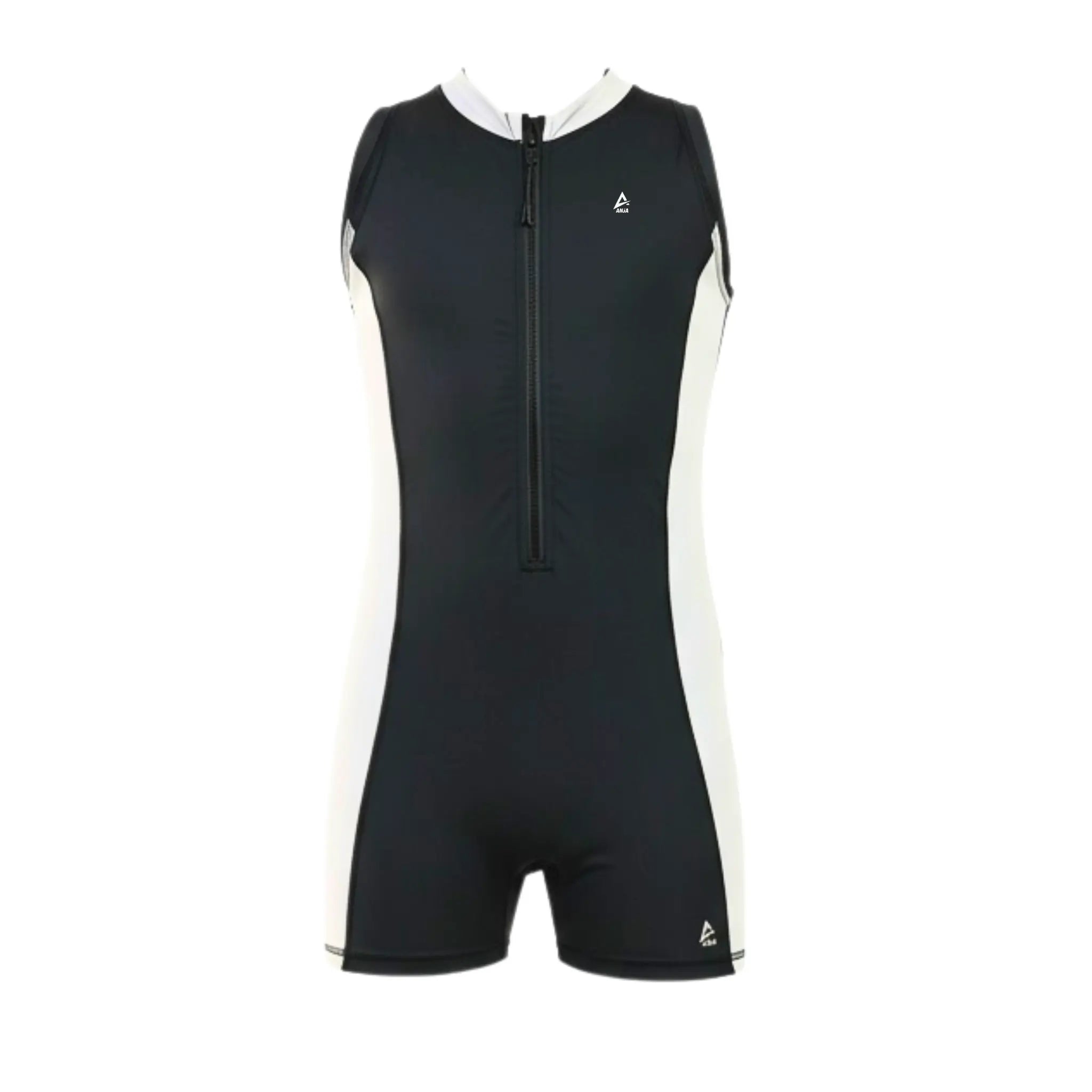 Boys sleeveless One-Piece Swimsuit – Black with light grey Side Panels and Front Zip