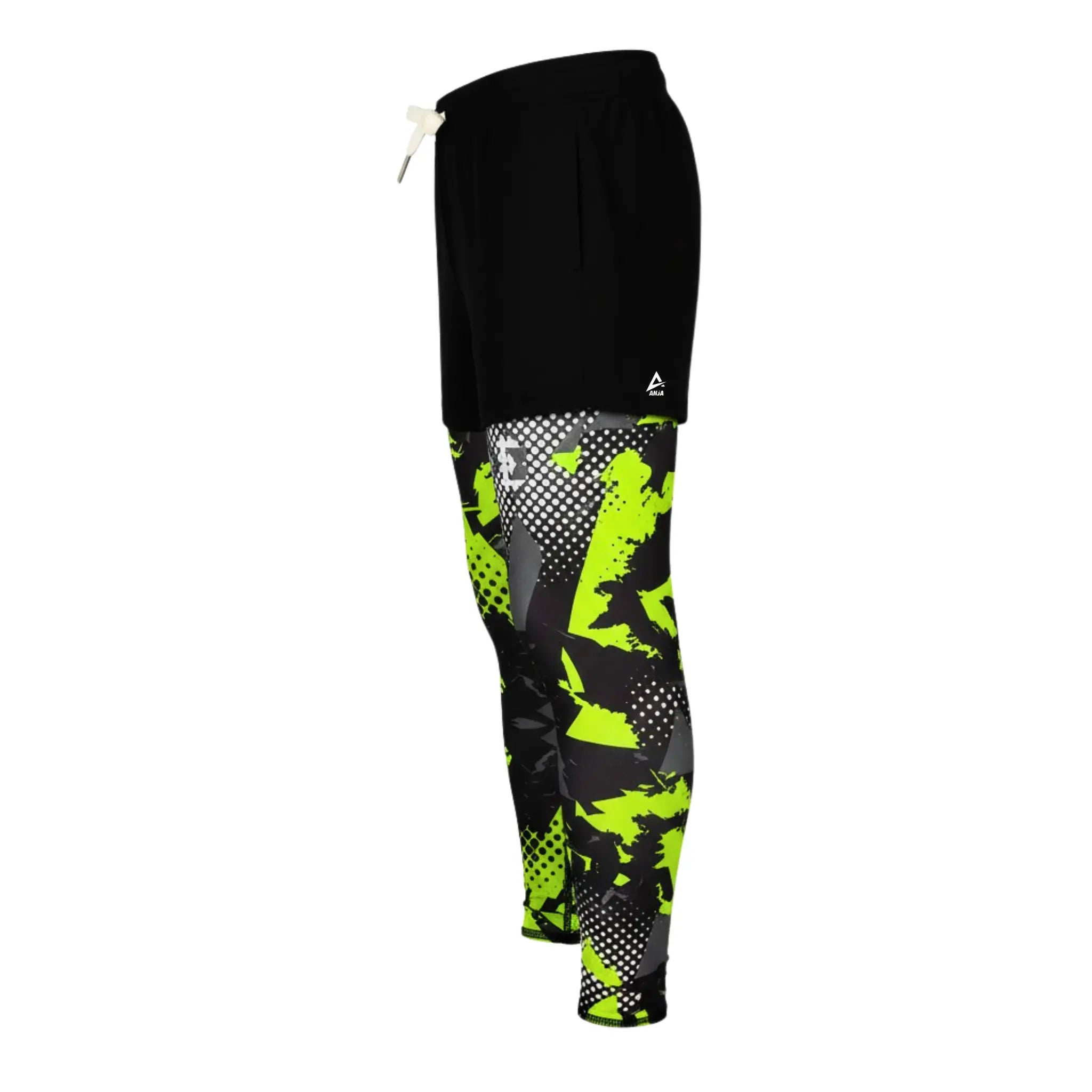 Boys Sporty Black Shorts with Neon Green pattern Graphic Leggings – Kids Athletic Layered Bottoms