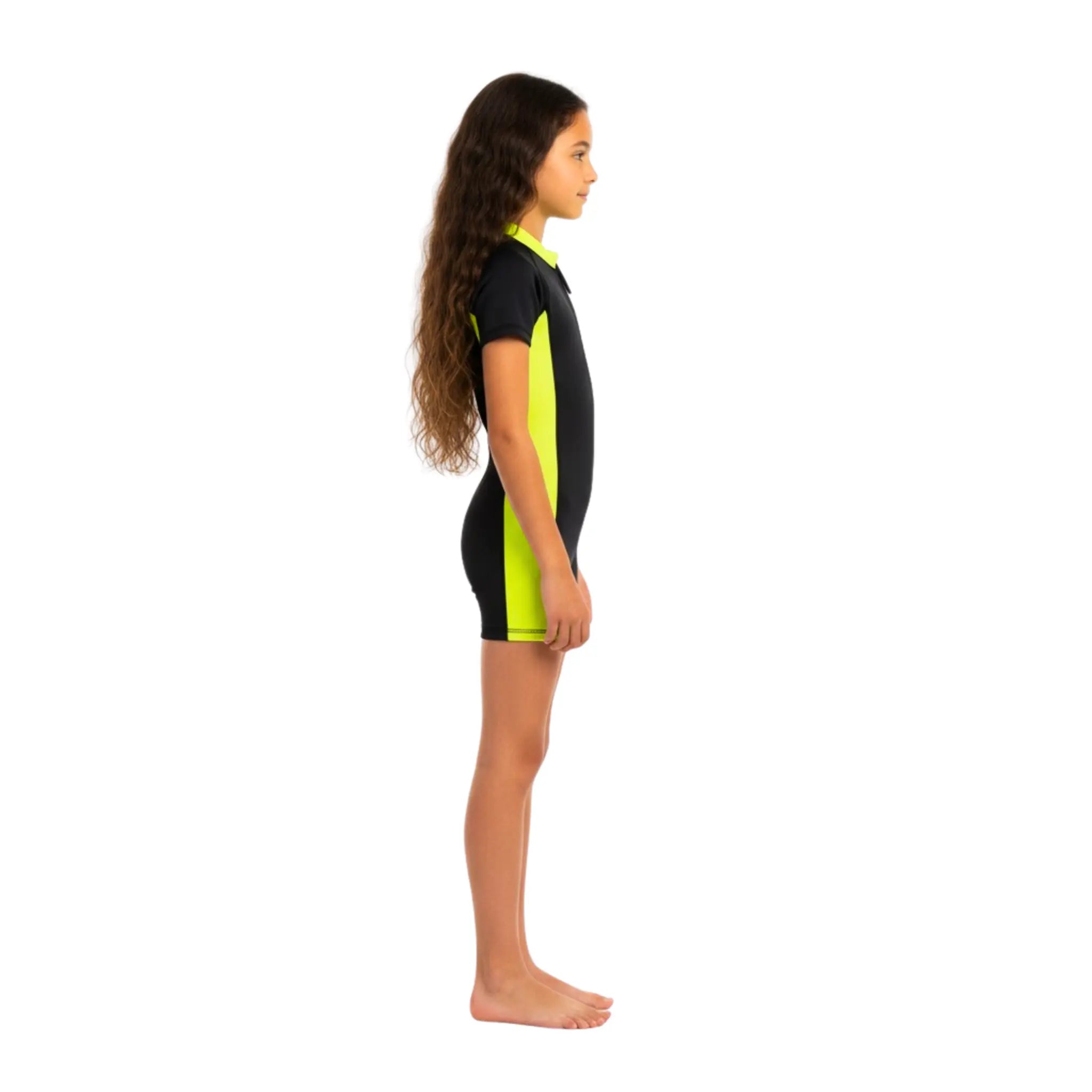 Girls Short Sleeve One-Piece Swimsuit – Black with Neon Yellow Side Panels and Front Zip