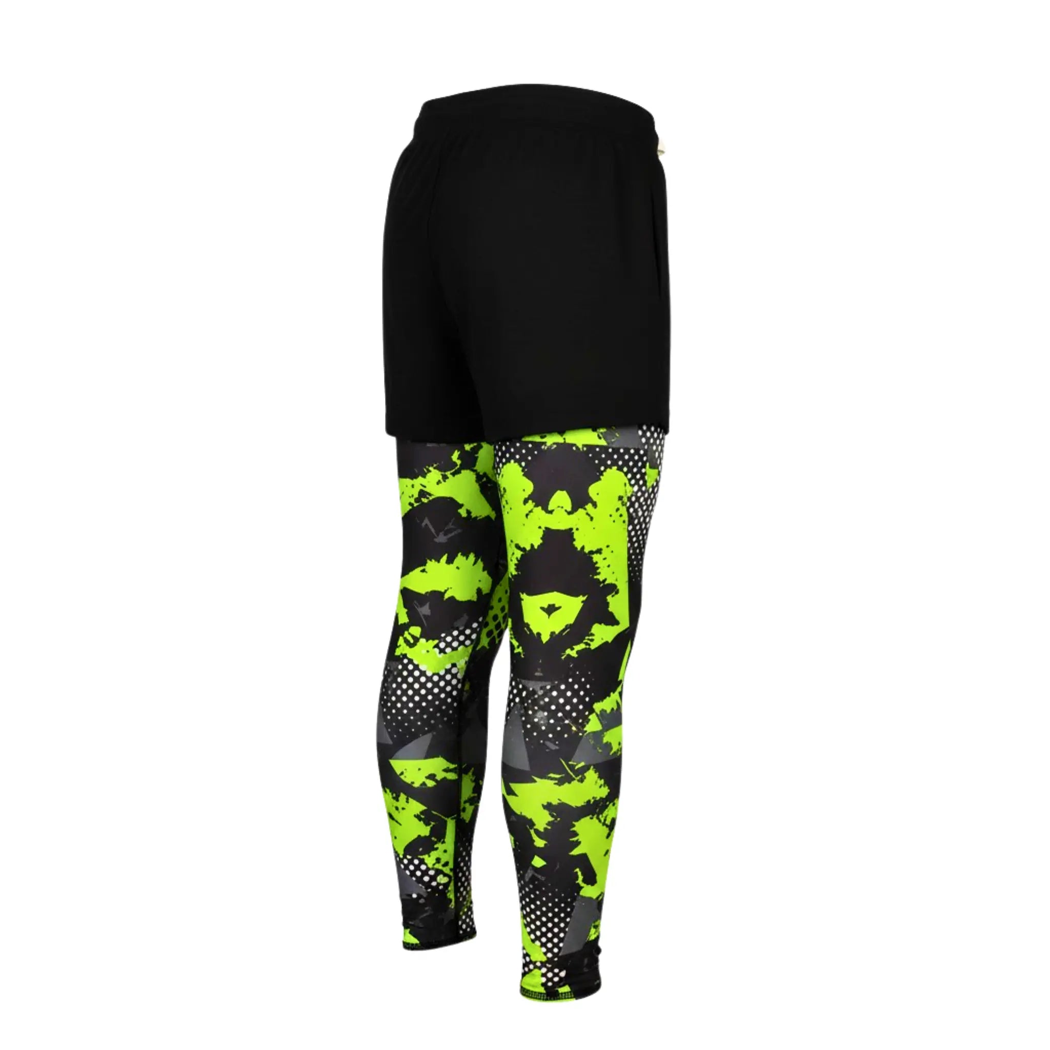 Boys Sporty Black Shorts with Neon Green pattern Graphic Leggings – Kids Athletic Layered Bottoms
