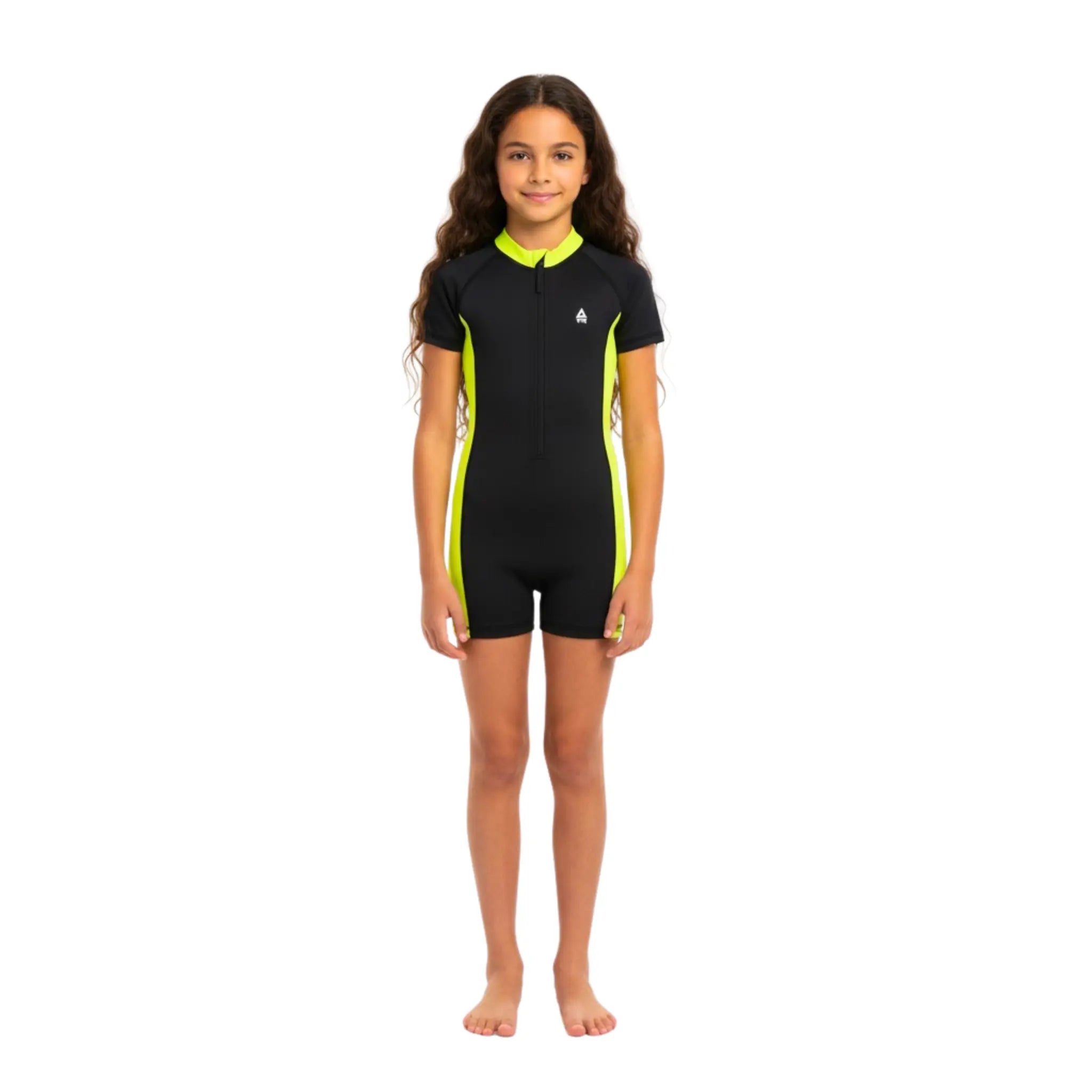 Girls Short Sleeve One-Piece Swimsuit – Black with Neon Yellow Side Panels and Front Zip