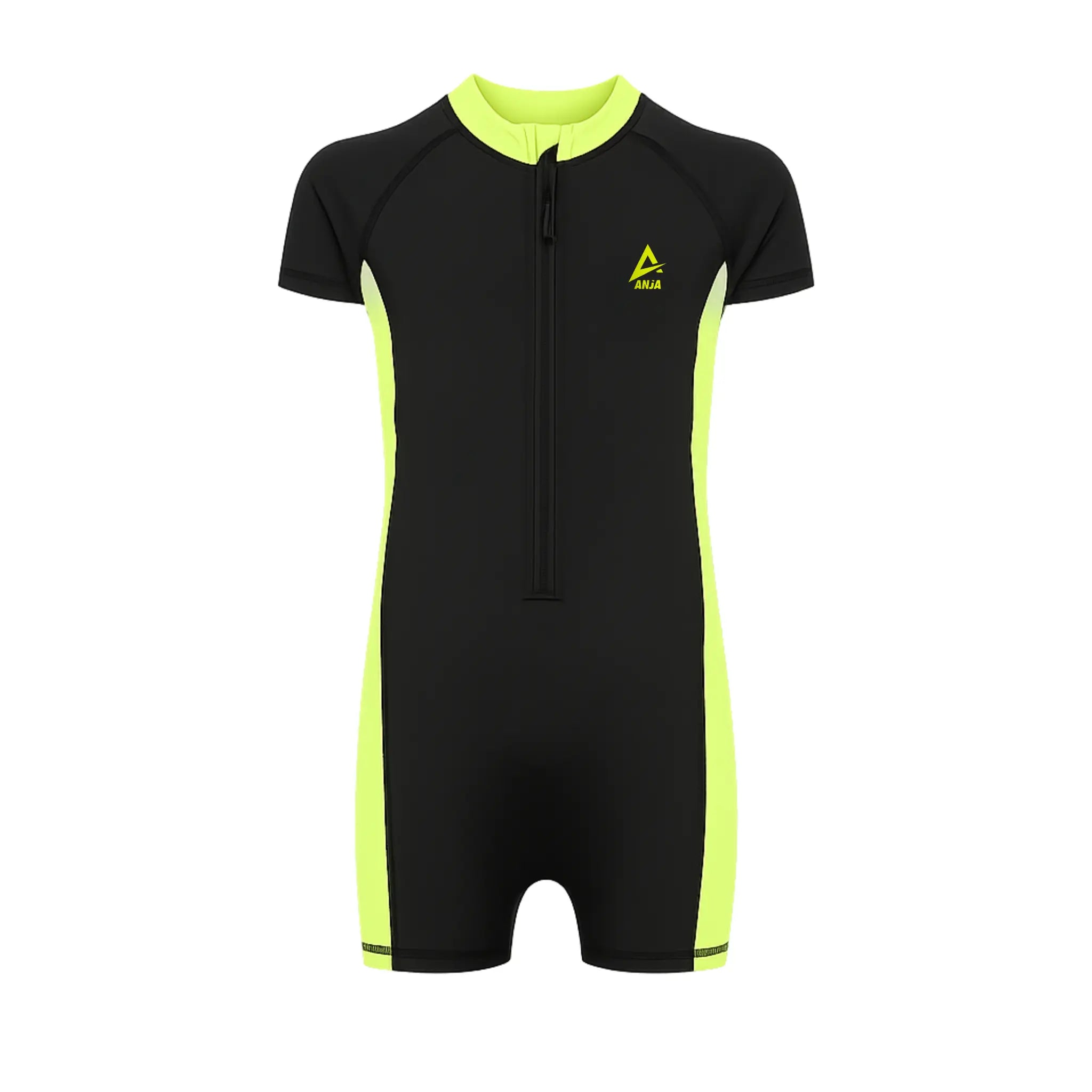 Girls Short Sleeve One-Piece Swimsuit – Black with Neon Yellow Side Panels and Front Zip