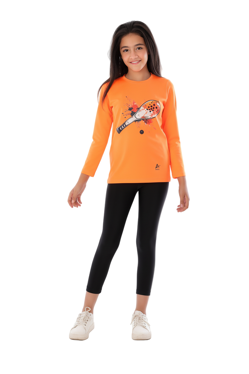 Girls  Neon Orange Padel Racket Smash T-Shirt – Sporty Long Sleeve Top