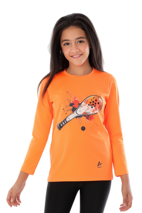 Girls  Neon Orange Padel Racket Smash T-Shirt – Sporty Long Sleeve Top